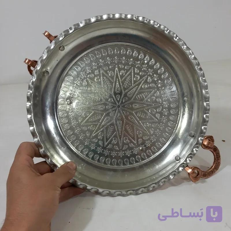 سینی دسته پایه دار تمام مس طرح دار زنجان قطر 27