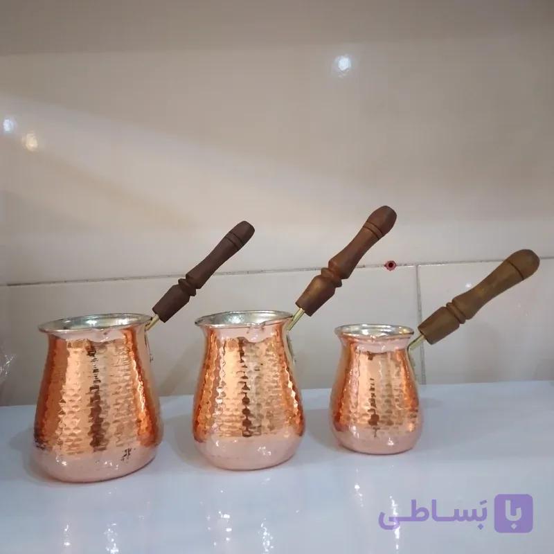 قهوه جوش کوچک شیر جوش مسی دسته چوبی چکشی