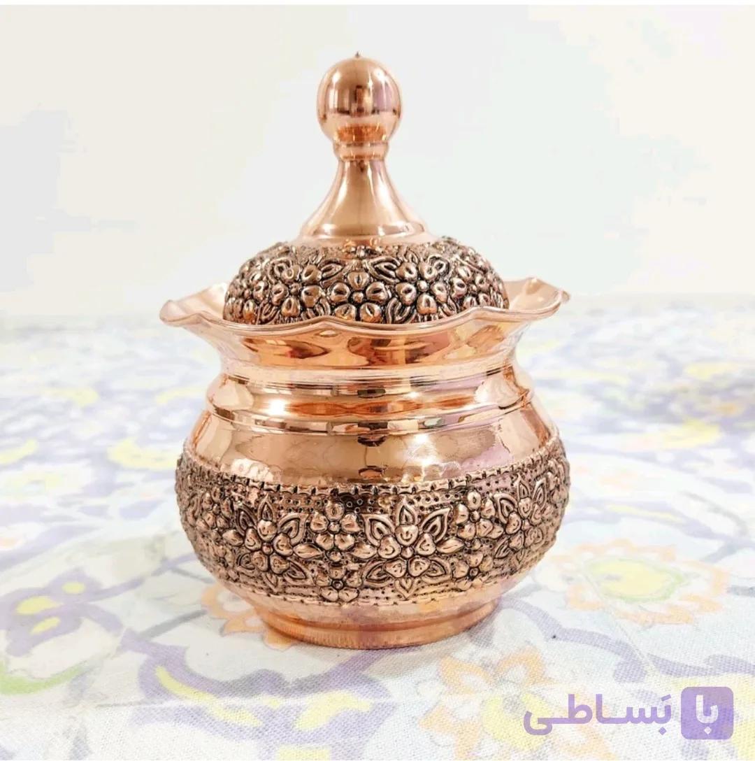 قندان مسی قلم کاری گلبرگ سیاه قلم