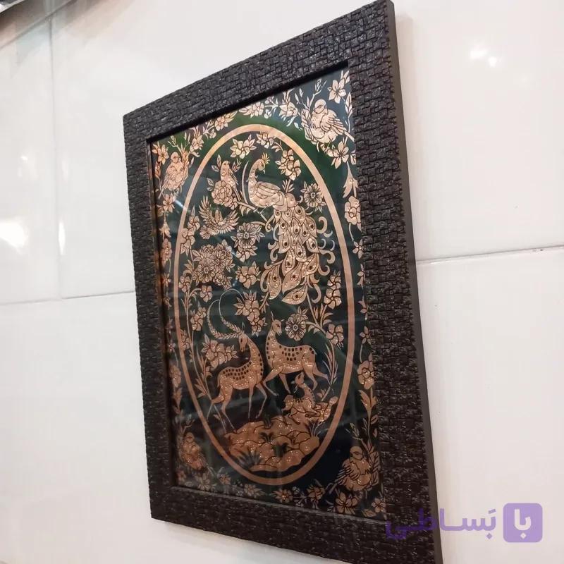 تابلو دیوارکوب مسی مستطیل طرح شکارگاه شیشه دار و قاب زیبا