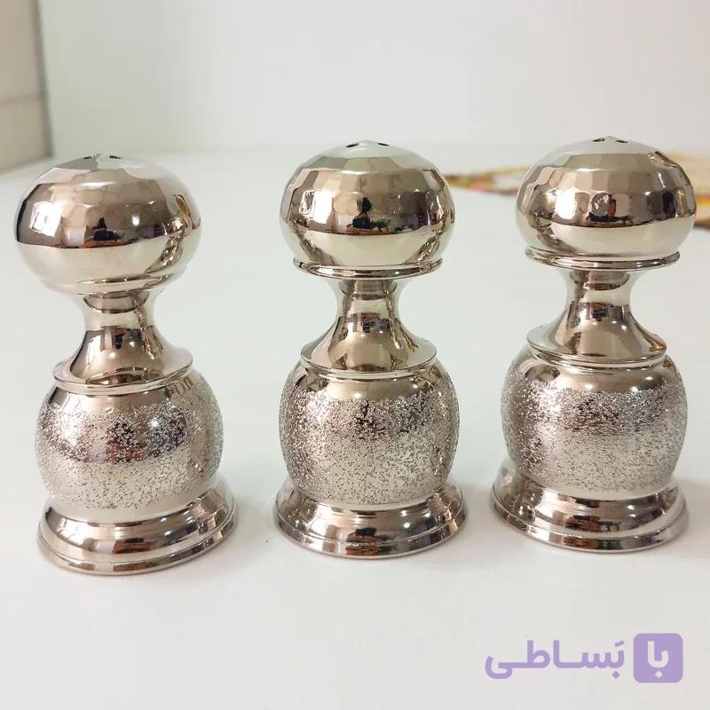 شش عدد نمکدان مسی دست ساز زنجان با روکش کروم ابکاری شده طرح شنی