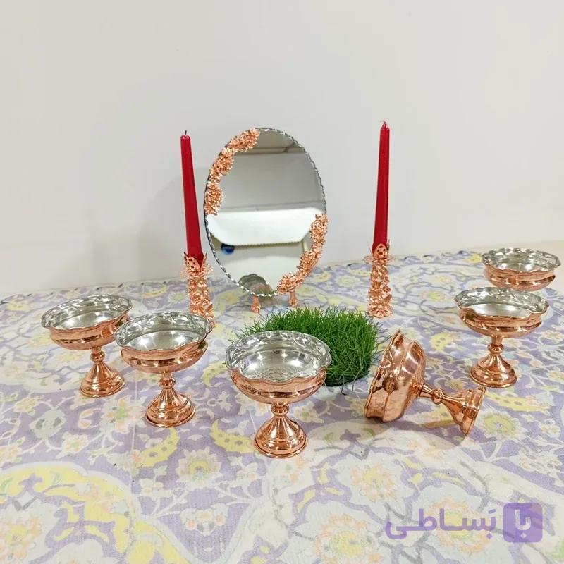 آجیل خوری شش تایی و آینه شمعدان باهم مسی