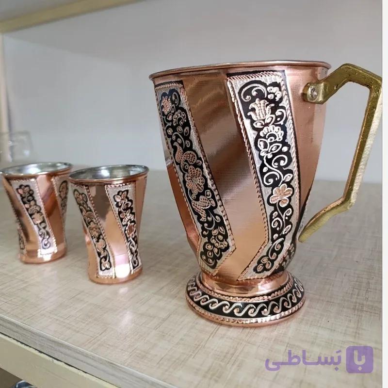 پارچ و شش عدد لیوان پیچی مسی داخل قلع تراش زنجان رنگ ثابت تضمینی ضخیم و با کیفیت