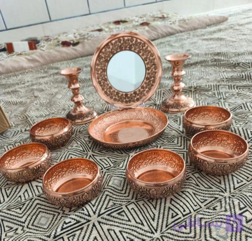 هفت سین مسی ۹ تیکه اطلس سیاه قلم(۶پیاله و آینه شمعدان) نانو شده