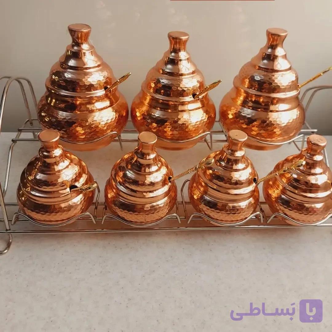 جا ادویه مسی 7 تایی همراه استند سایز بزرگ ارتفاع 20 دهانه 10 سایز کوچک ارتفاع 10.5 دهانه 5.5