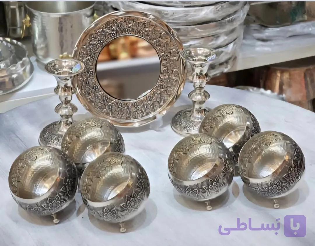 سرویس هفت سین گلبرگ مسی کروم ۶ عددی همراه آینه و شمعدان گلبرگ