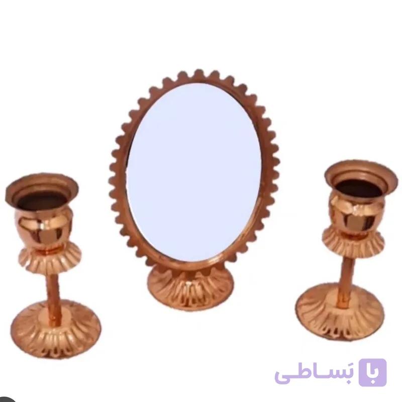 آینه و شمعدان مسی بیضی ارتفاع آینه 18 ارتفاع شمعدان 11 سانت