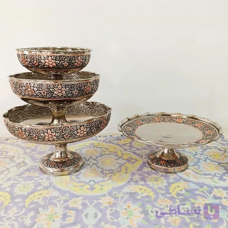 سرویس پذیرایی مسی کروم نقره ای و تراش شده با دست