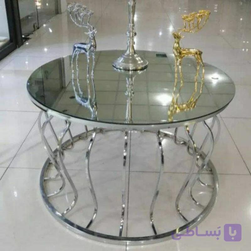 میز جلو مبلی عسلی قهوه خوری پاف مدل پیتزایی گرد کروم نقره ای