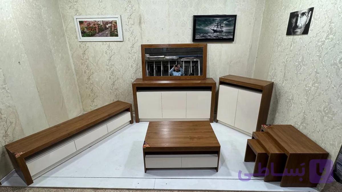 ست آینه کنسول میز تی وی . جلو مبلی و جاکفشی کفشی هایگلاس کرم و ام دی اف ملچ مدل جانان iw96 — تصویر 1