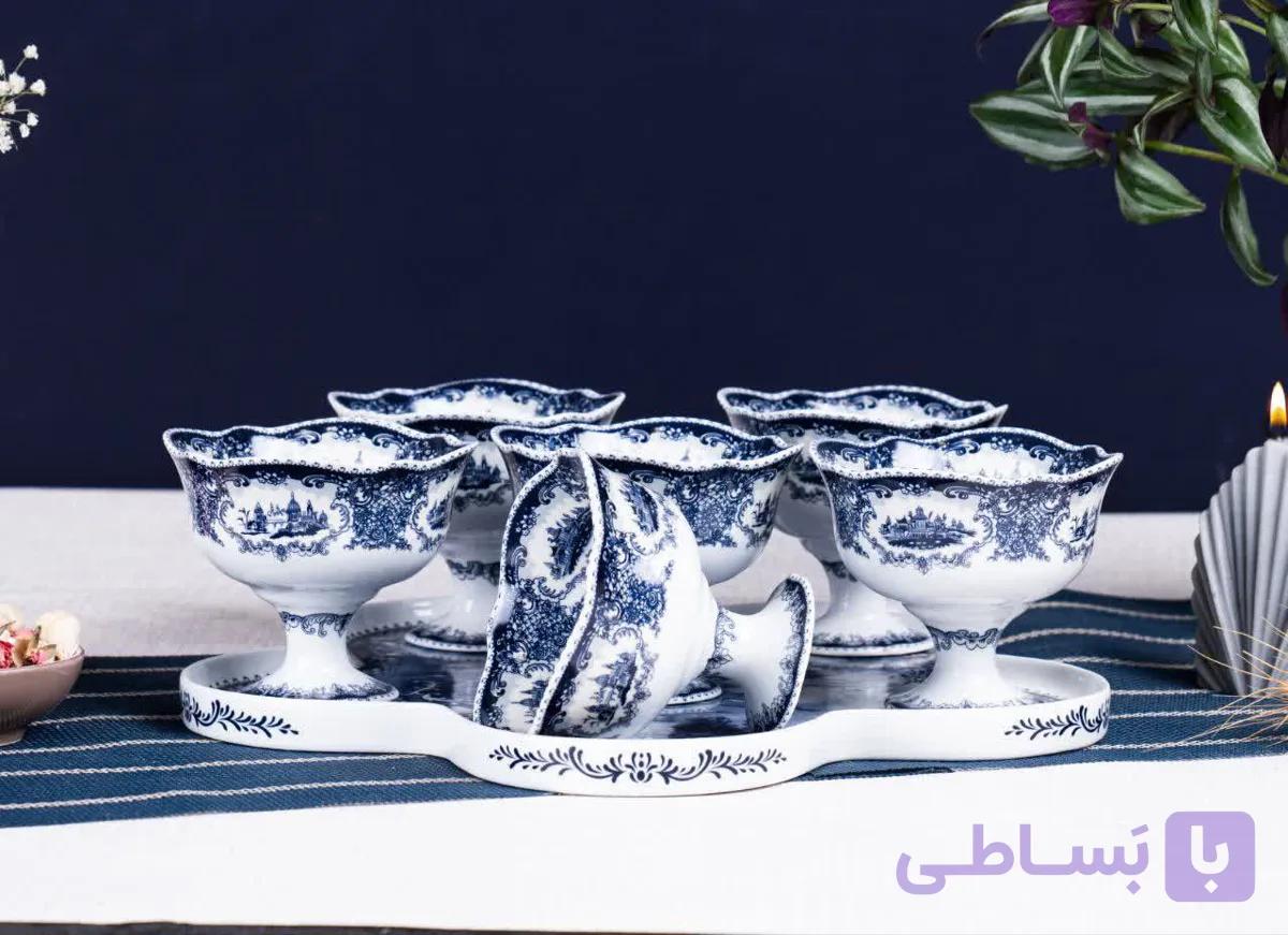 ست بستنی خوری با سینی آکسفورد آبی کد 031