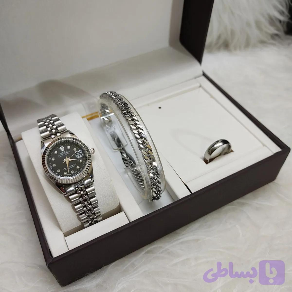 ست ساعت، دستبند و حلقه استیل زنانه رولکس شناسه: #369333
