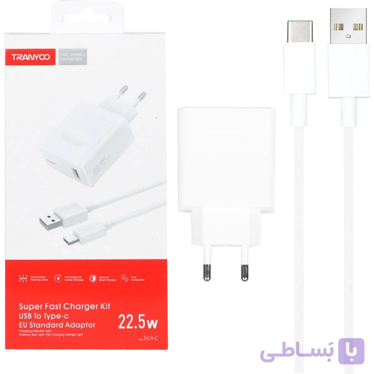 شارژر دیواری ترانیو مدل EU4-C ظرفیت ۲۲.۵ وات با کابل تایپ سی — تصویر 1
