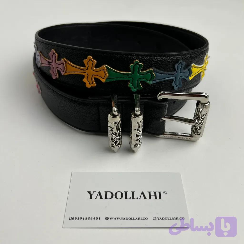 کمربند چرمی CHROME HEARTS مشکی با کراس‌های چندرنگ — تصویر 1