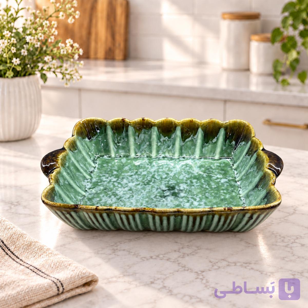 تابه سرامیکی مدل دو دسته مستطیل طرح رز کد 3