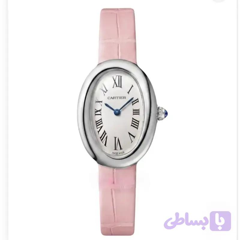 ساعت مچی زنانه کارتیر باگنور بند چرم رنگ صورتی Cartier Baignoire Pink Letter — تصویر 1