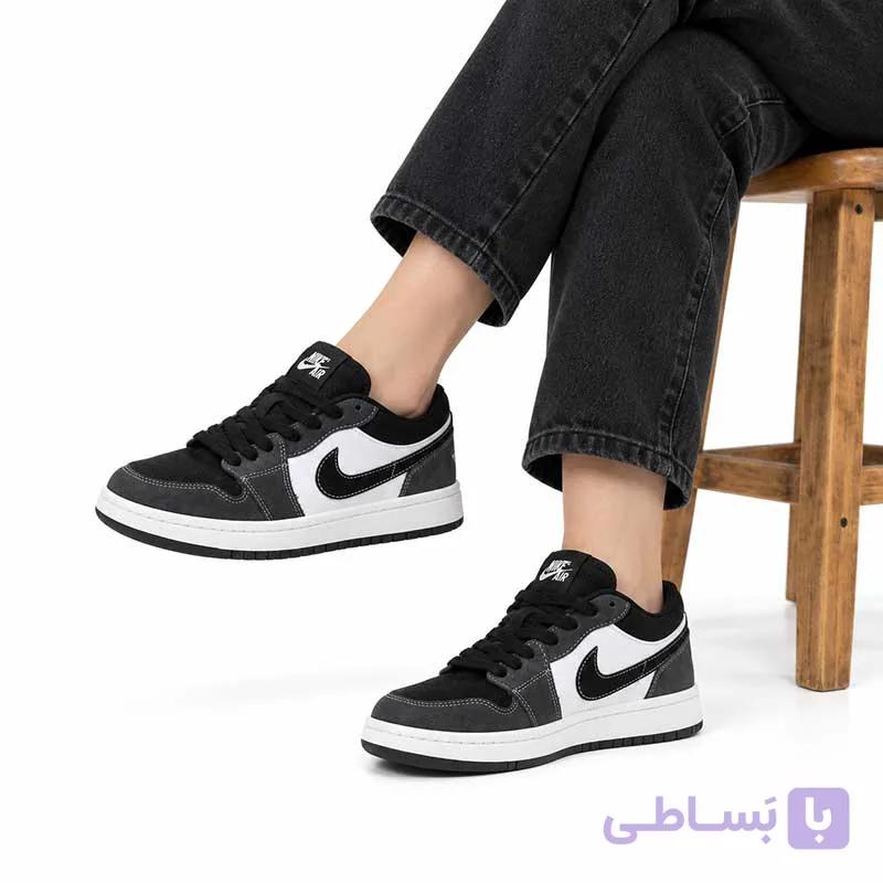 کتونی زنانه جردن 1 مشکی سفید طوسی کد 6078 — تصویر 1