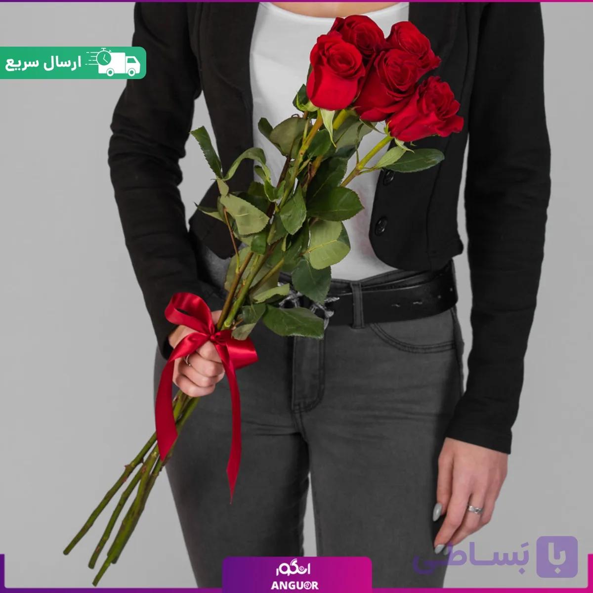 5 شاخه گل رز قرمز ممتاز (رز هلندی) با روبان