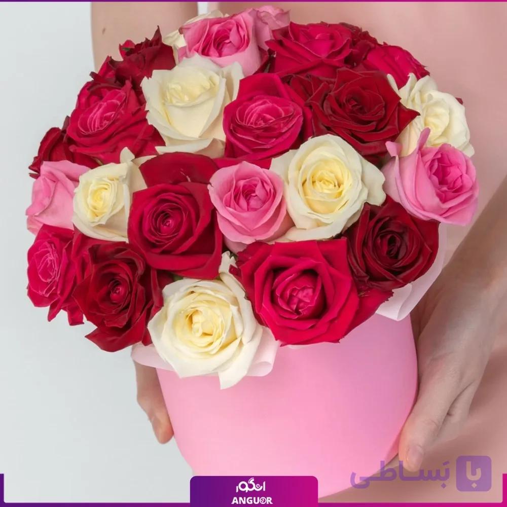 باکس گل رز رنگی 25 شاخه (قرمز، سفید، صورتی) — تصویر 1