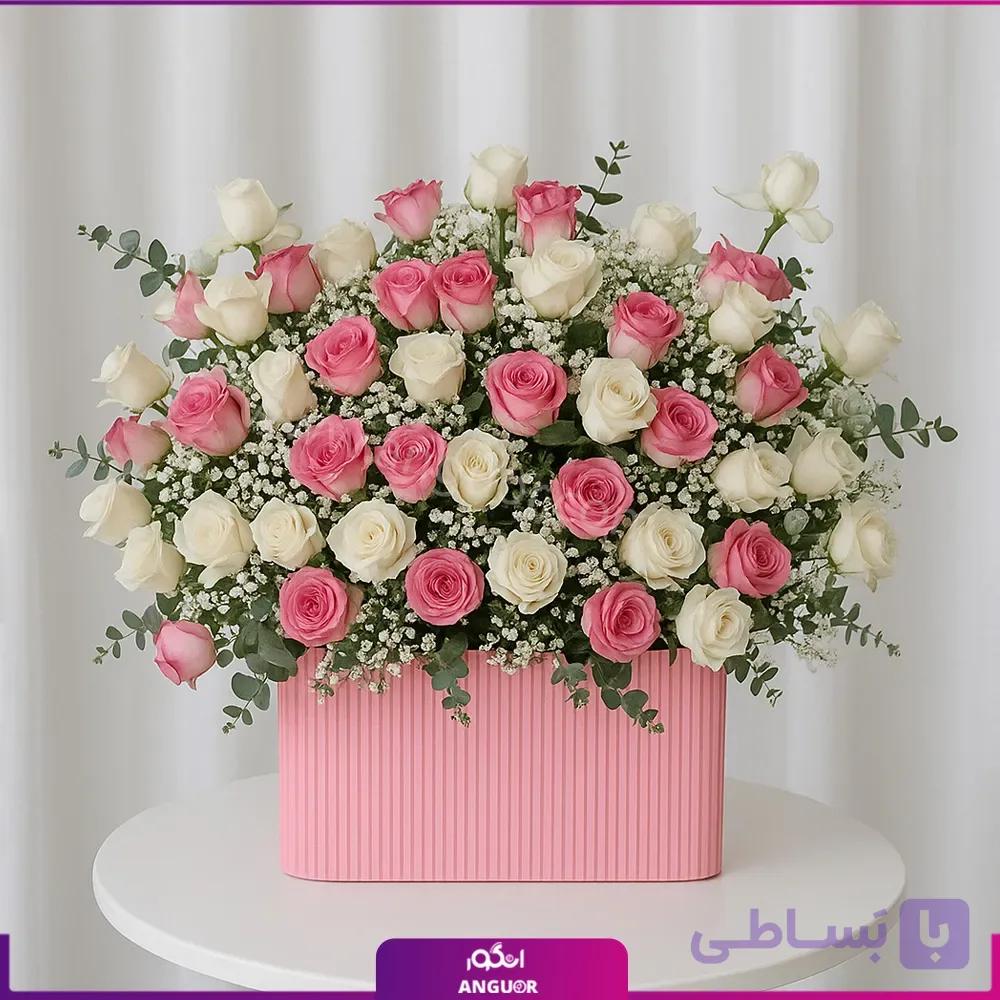 باکس گل 47 شاخه ای رز صورتی و سفید