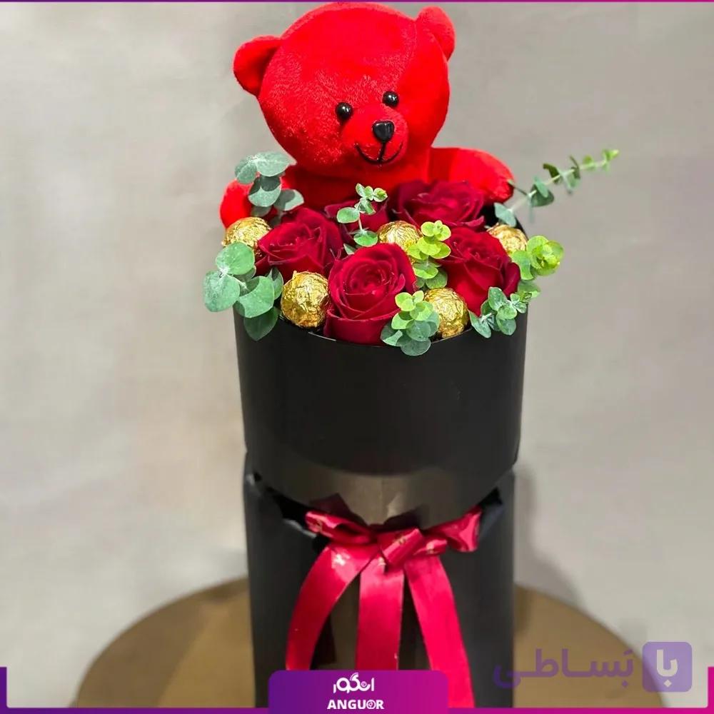 مینی دسته گل ولنتاین با خرس و شکلات و گل رز قرمز — تصویر 1