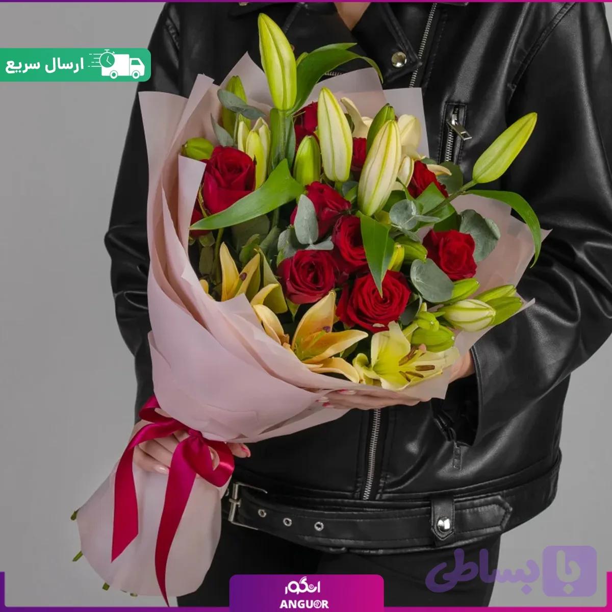 دسته گل رز قرمز با لیلیوم