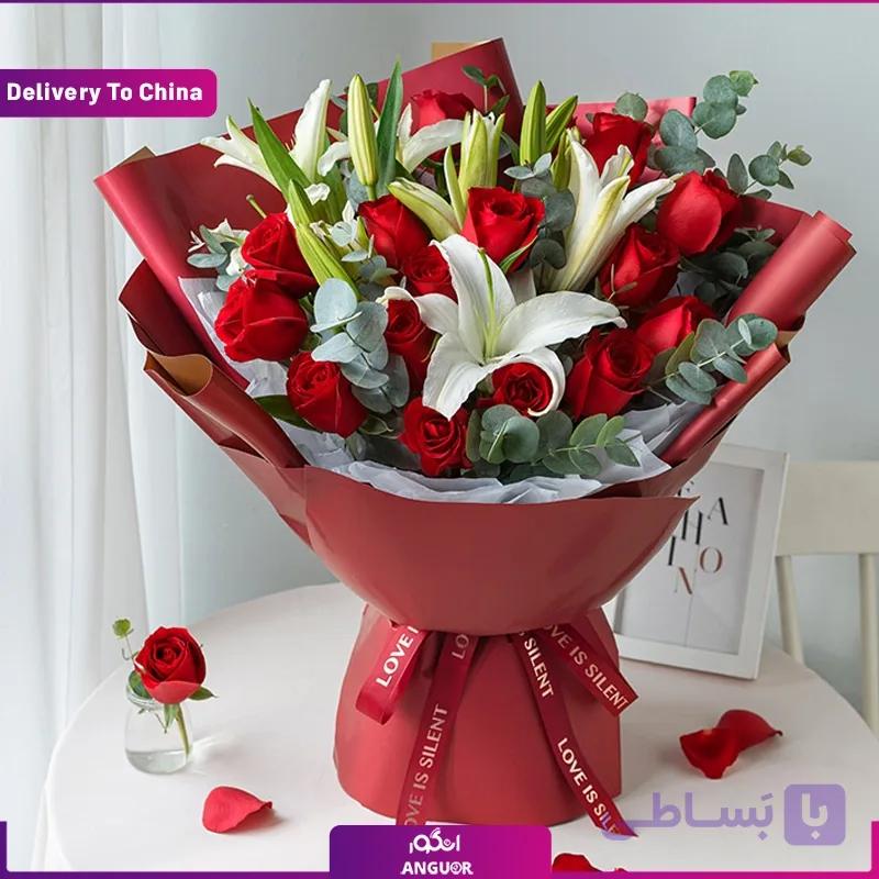 دسته گل رز و لیلیوم (تحویل در یونان) — تصویر 1