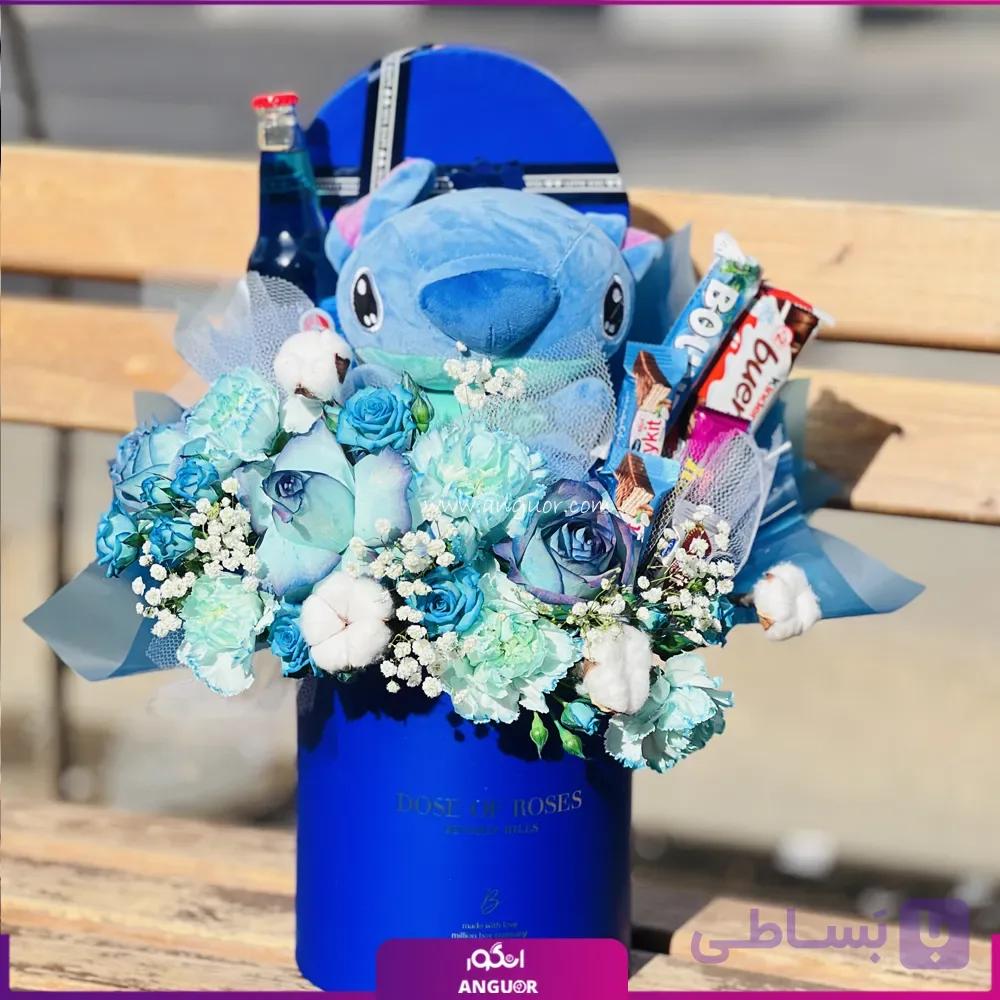 باکس گل و عروسک مدل Stitch Blue
