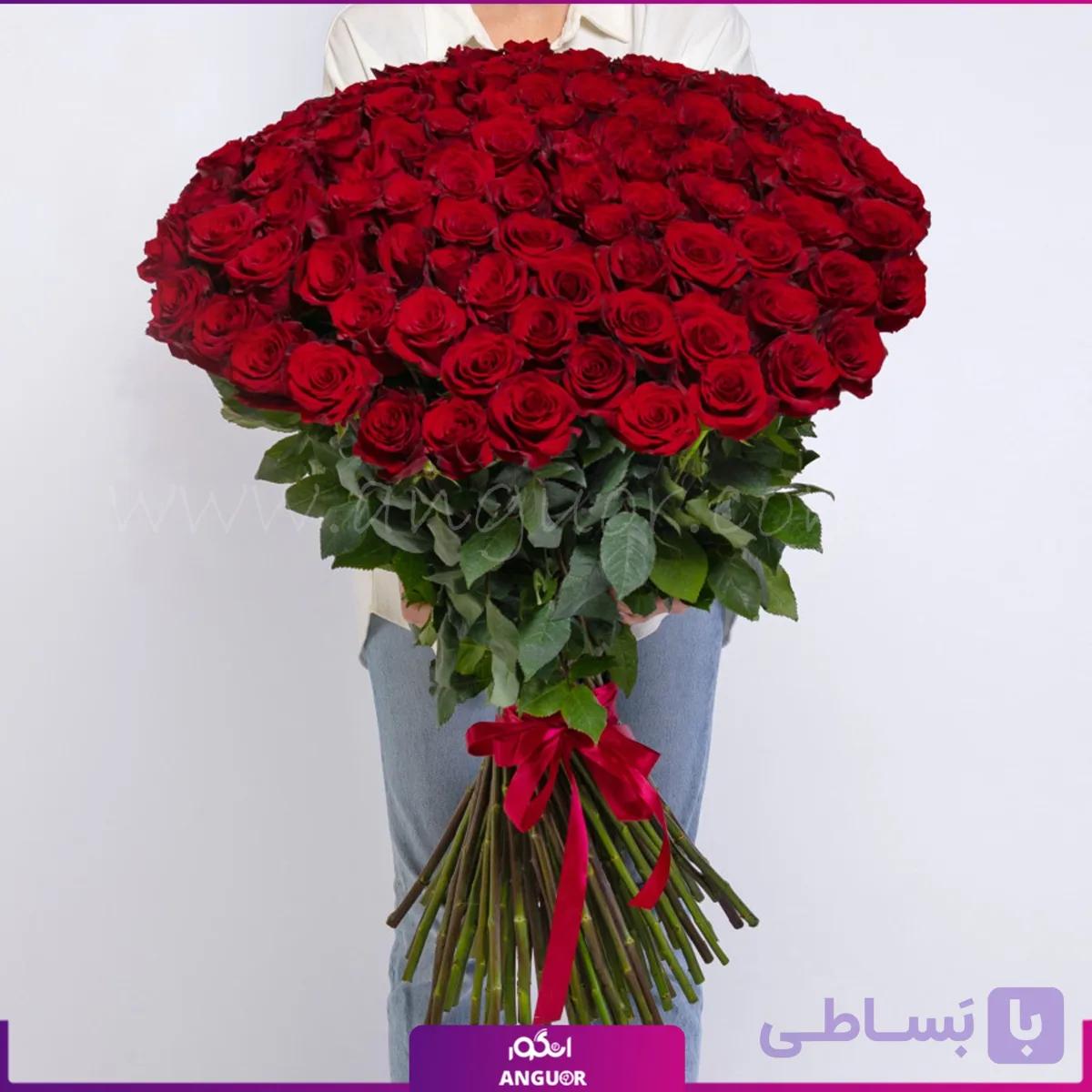 دسته گل رز قرمز هلندی سوپر ممتاز – 2۰۰ شاخه (ساقه 100سانتی) — تصویر 1