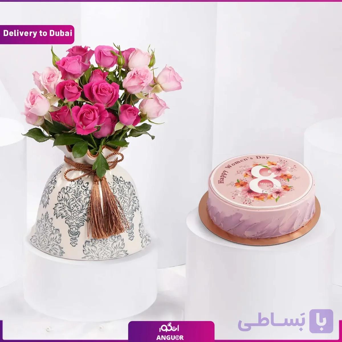 دسته گل رز 12 شاخه و کیک (تحویل در امارات)