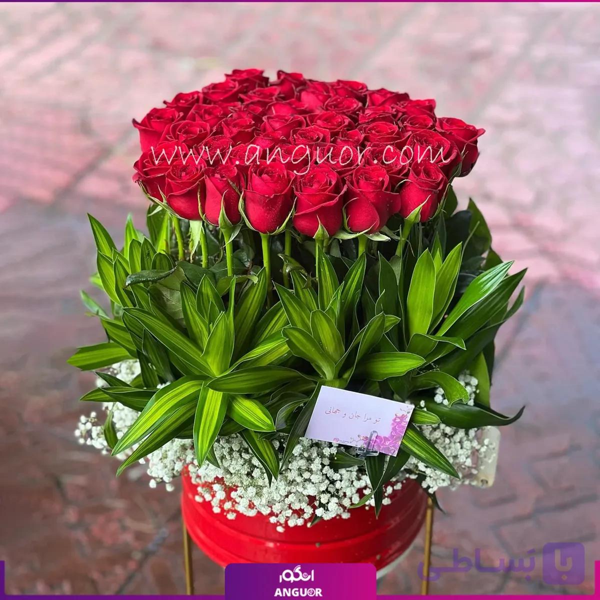 45 شاخه گل رز ساقه بلند در گلدان فلزی