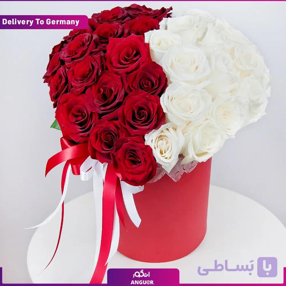 باکس گل رز قرمز با ارکیده سفید (تحویل در چین) — تصویر 1
