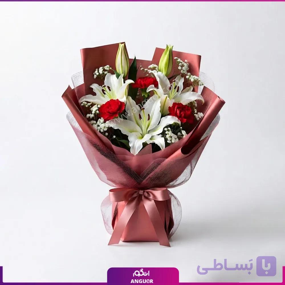 دسته گل لیلیوم و میخک قرمز