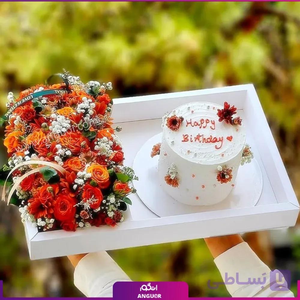 باکس گل و کیک تولد رفیق جون با رزهای آتشی