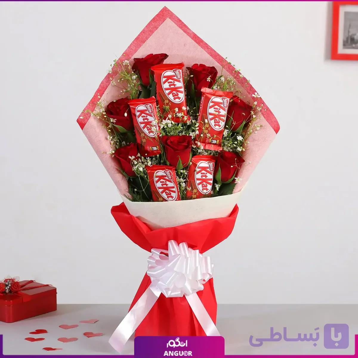 دسته گل رز قرمز با شکلات کیت کت | Kit Kat Chocolate — تصویر 1