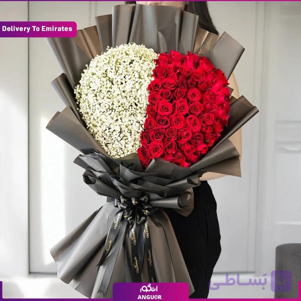 دسته گل قلبی رز و ژیپسوفیلا (دبی و امارات) — تصویر 1