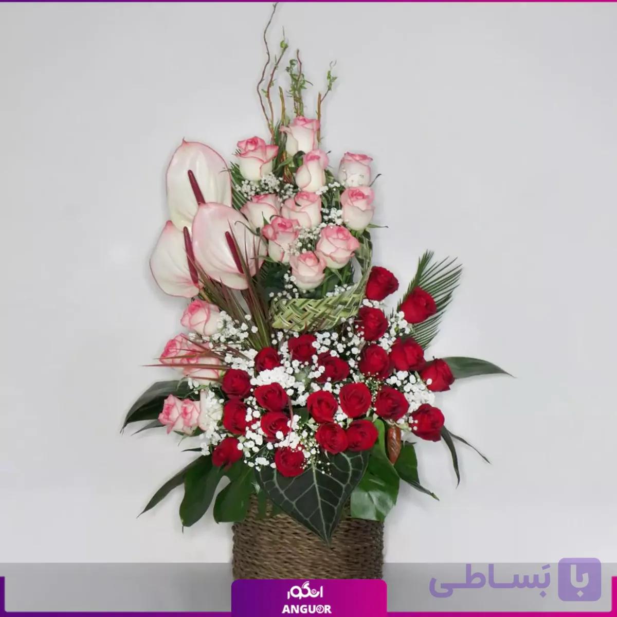 سبد گل مجلل رز قرمز و آنتوریوم