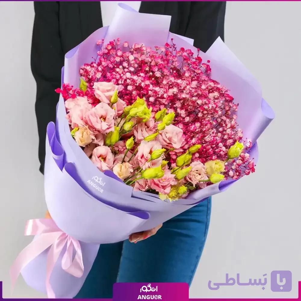دسته گل لیسیانتوس تم صورتی با ژیپسوفیلا — تصویر 1
