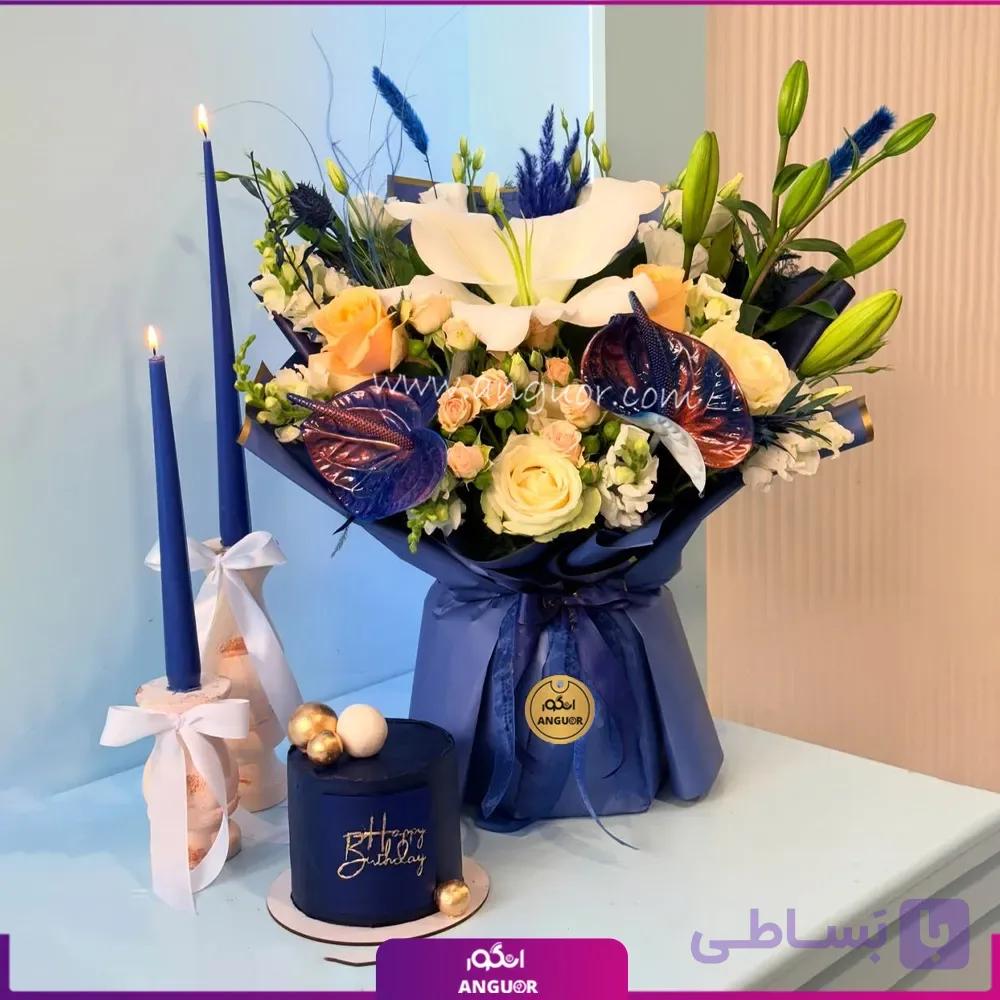 دسته گل و کیک پاپیونی شیک مردانه برای تولد