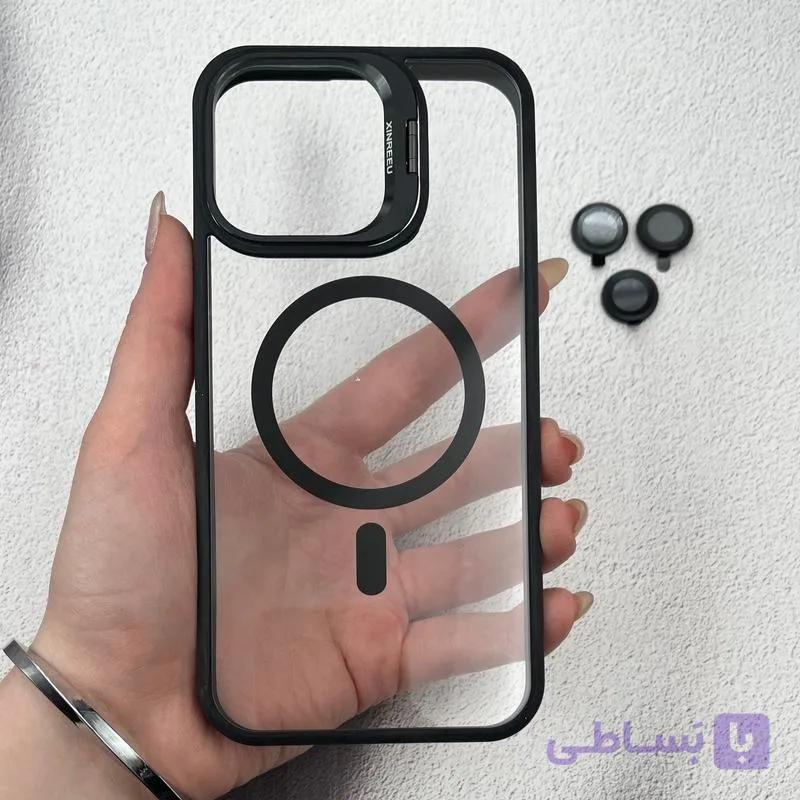 قاب گوشی iPhone 14 Pro Max آیفون شفاف مگ سیف Magsafe اورجینال لنز فلزی استند شو بهمراه محافظ لنز رینگی مشکی — تصویر 1