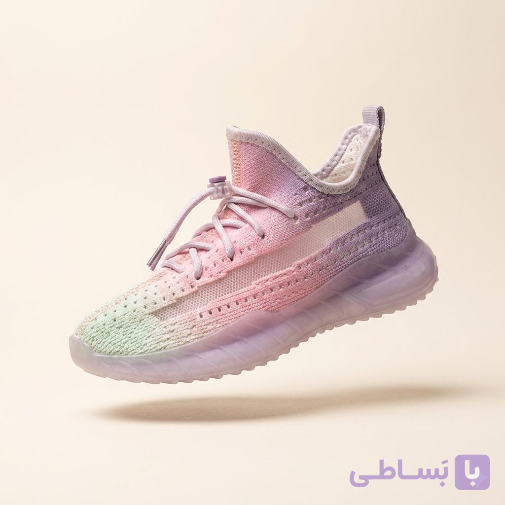 کتانی اسپرت بچگانه مدل جورابی طرح یزی (Yeezy) رنگین کمانی پاستلی کد 2819