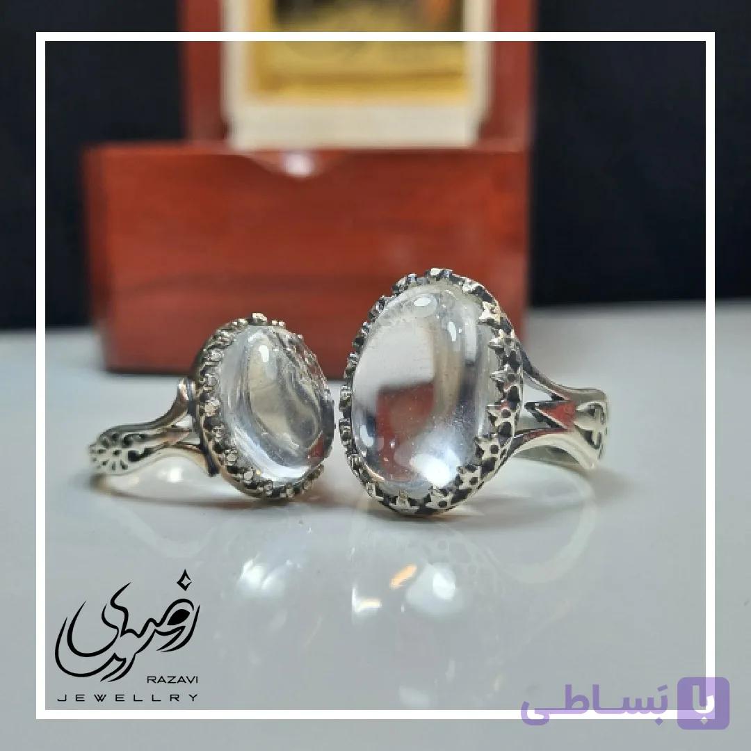 ست انگشتر الیاژ نقره روس مردانه و زنانه عقیق مشکی با حکاکی امام رضا (ع) — تصویر 1