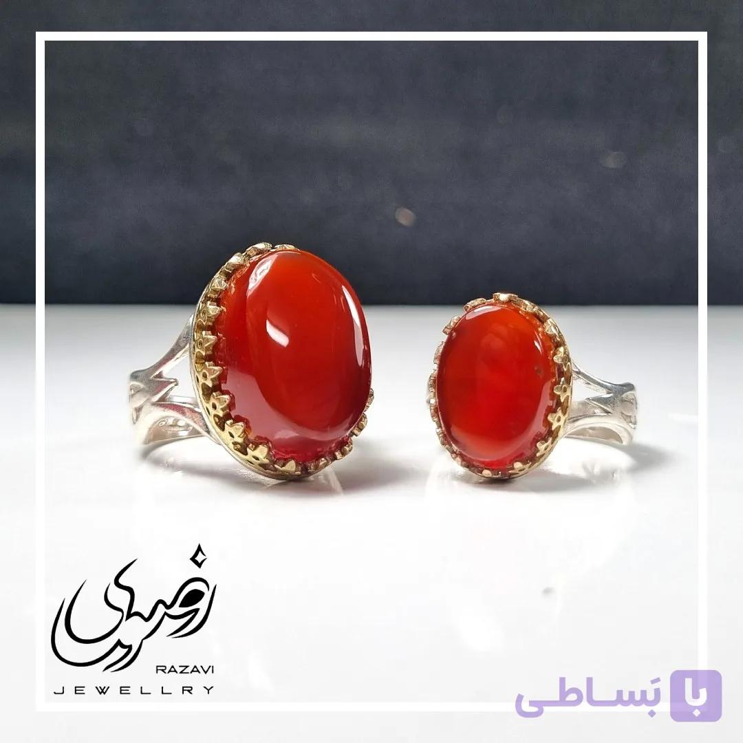 ست انگشتر الیاژ نقره روس مردانه و زنانه عقیق سبز با حکاکی امام رضا (ع) — تصویر 1