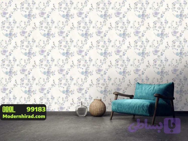 کاغذدیواری گلدار بنفش و آبی با گل ریز و درشت 99183