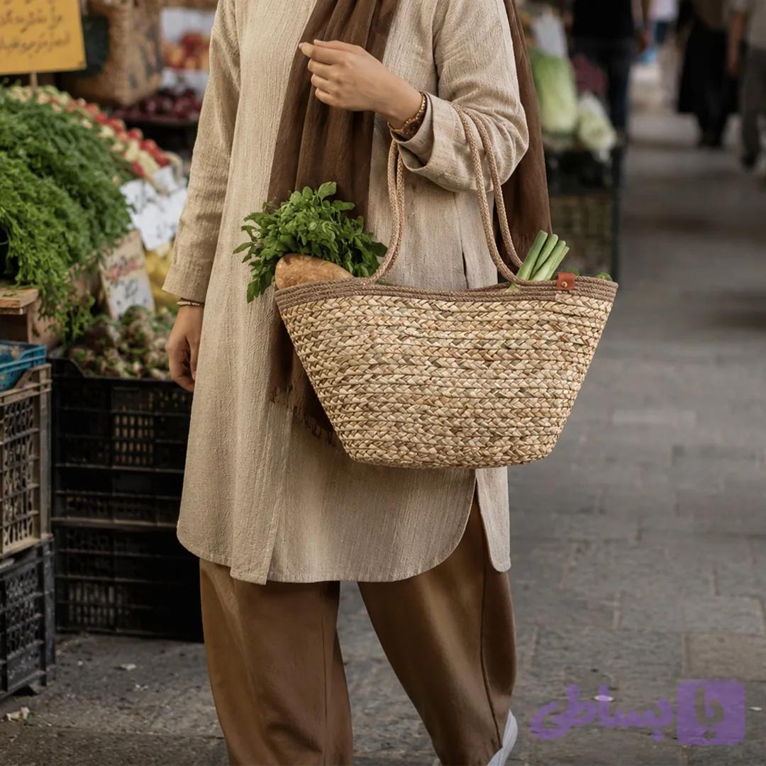 سبد خرید حصیری مدل قیطان دوزی