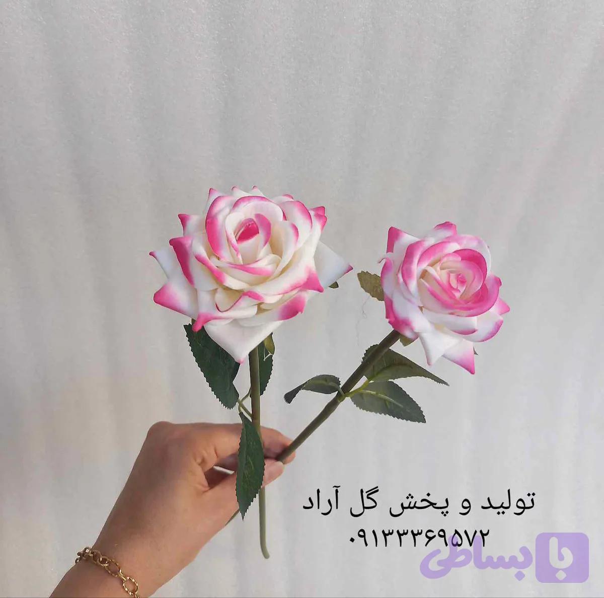 شاخه گل رز مصنوعی سفید لب صورتی باکیفیت و قابل شستشو