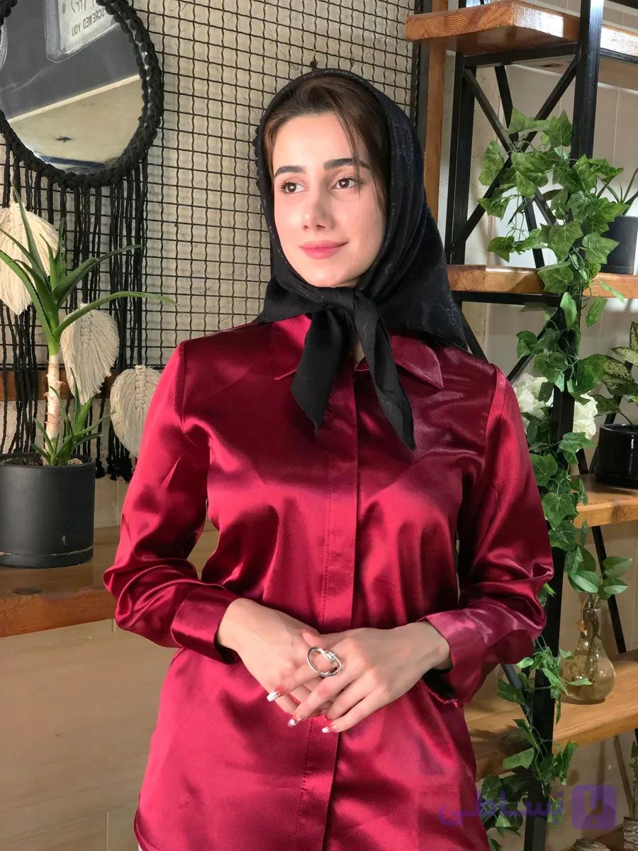 شومیز زنانه یقه مردانه دکمه مخفی جنس ساتن ال ایکس (lx) رنگ چری آلبالویی