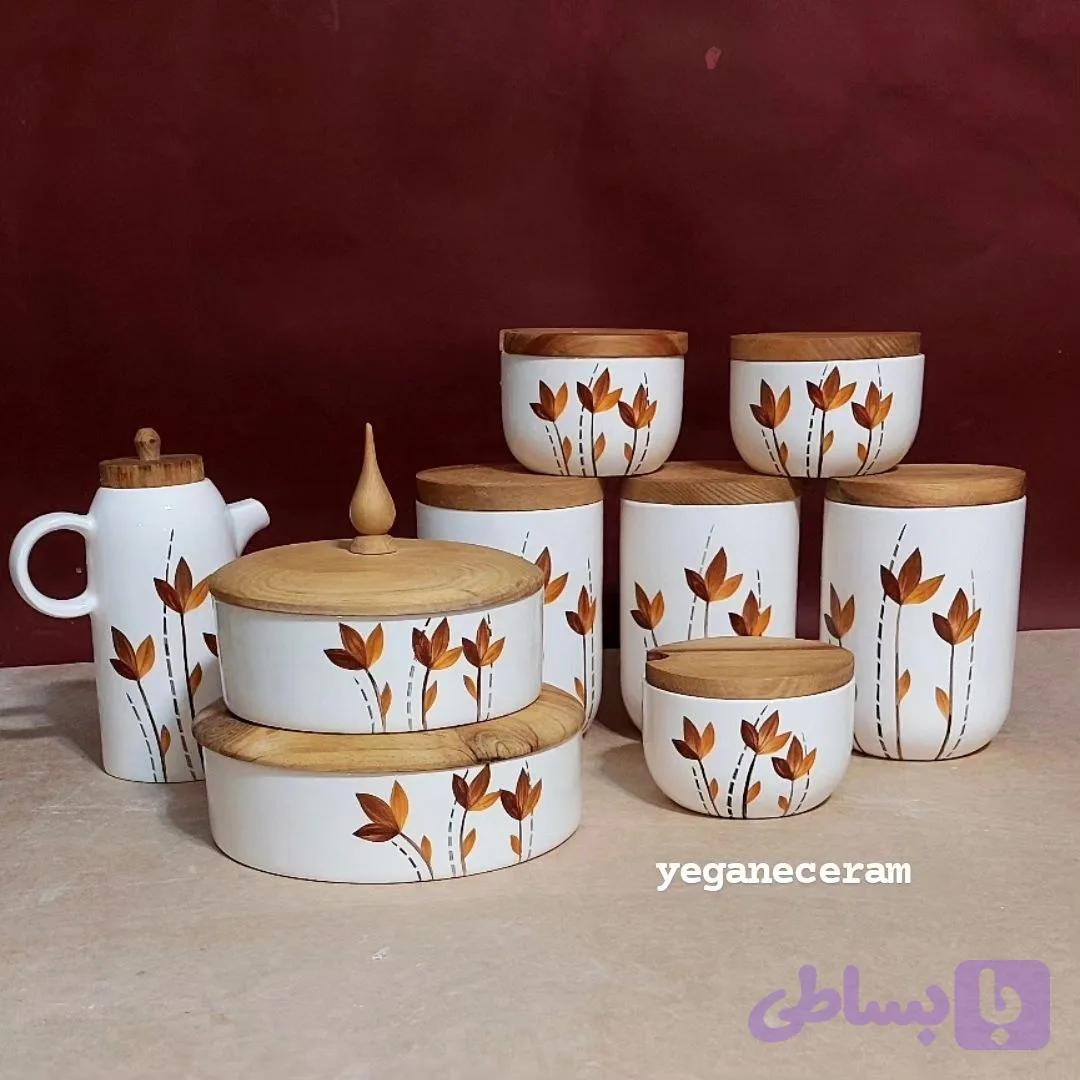 ست شش تیکه پاسماوری و جا ادویه با شکلات خوری و روغن ریز طرح پاییزی