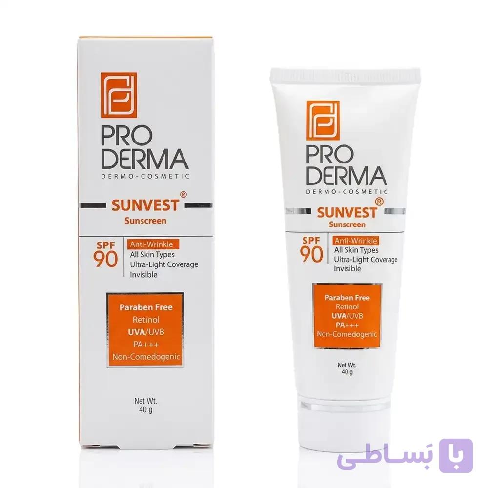 کرم ضد آفتاب SPF 90 ضد چروک پرودرما (PRO DERMA) مدل Sunvest بی‌رنگ انواع پوست ضد چروک وزن 40 گرمی — تصویر 1