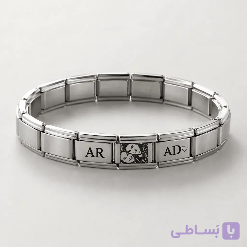 دستبند چارم استیل شخصی‌سازی شده با حکاکی عکس و متن — تصویر 1